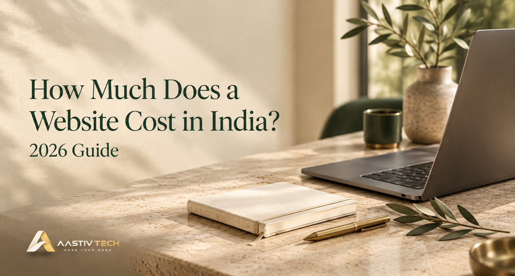 Website design cost in India 2026 guide cover with laptop and notebook on a desk